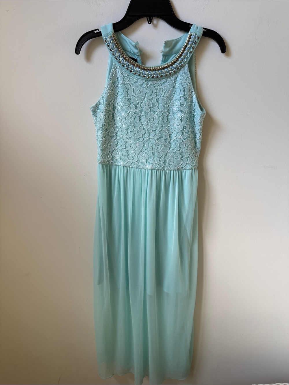 Amy Byer Mint Green Lace Halter Dress with Beaded Neckline